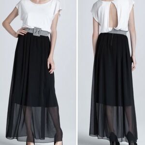Alice + Olivia Kirean Dolman Dress With Sheer Skirt In White/Black Size L/G